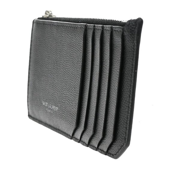 SAINT LAURENT Logo Compact Card Coin Case Wallet Leather Black Italy 60EF917 - Picture 2 of 13